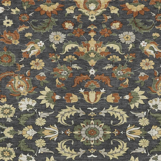 10' X 14' Charcoal And Black Floral Medallion Washable Indoor Outdoor Area Rug