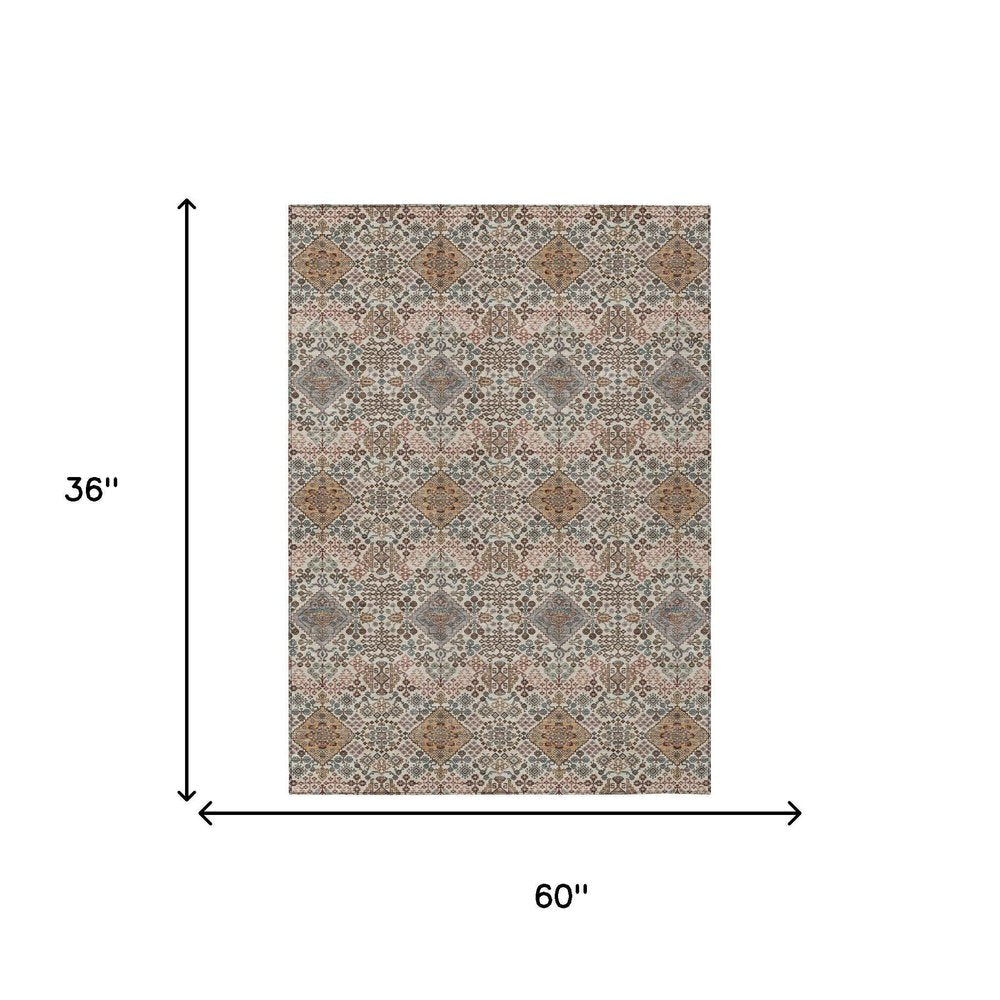 3' X 5' Beige And Copper Geometric Washable Indoor Outdoor Area Rug HomeRoots