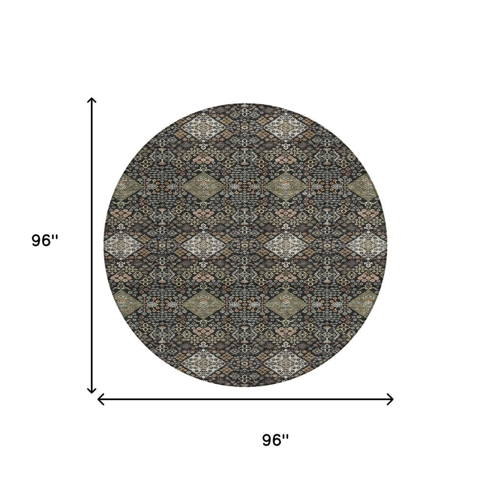 8' Black And Charcoal Round Geometric Washable Indoor Outdoor Area Rug HomeRoots