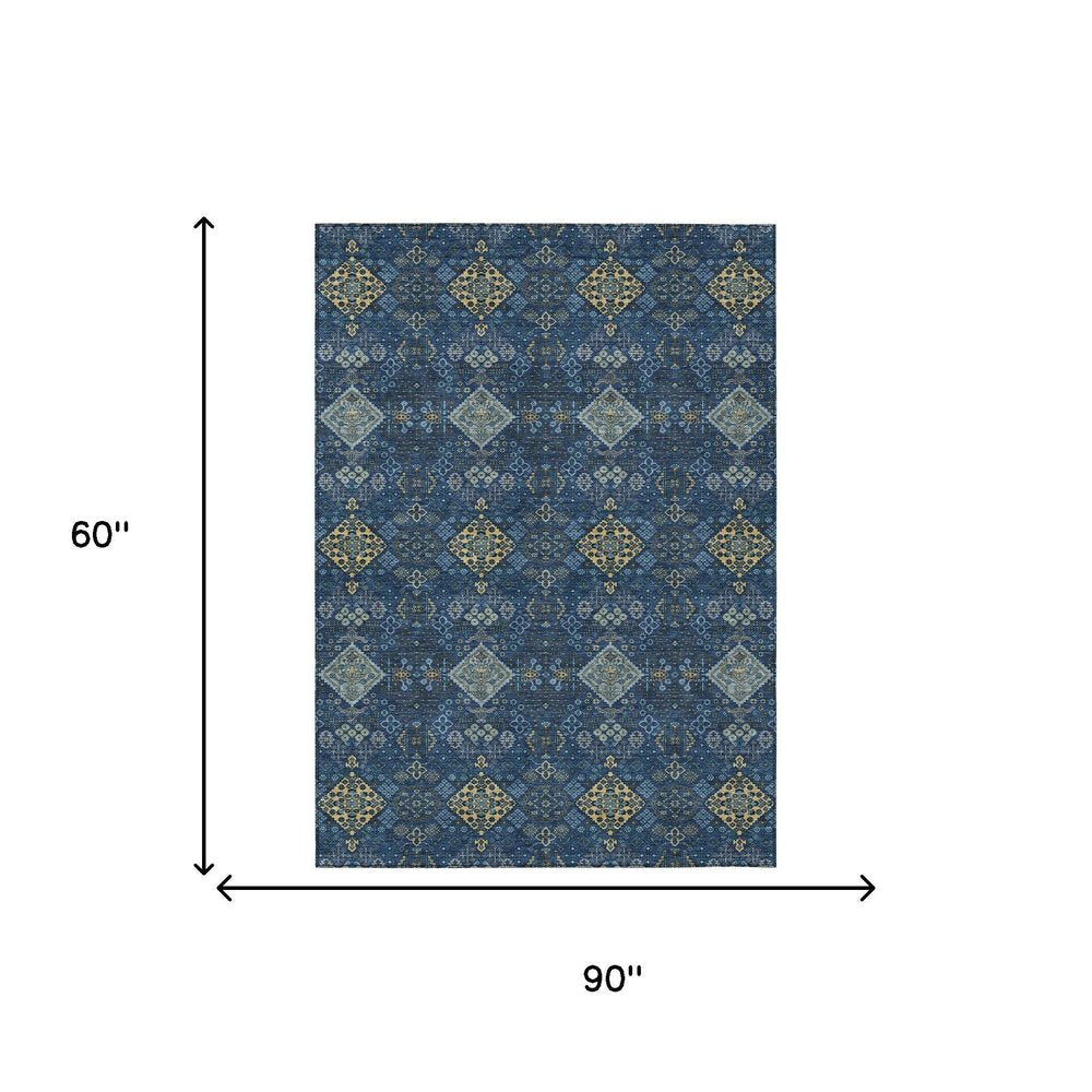 5' X 8' Navy Blue And Gold Geometric Washable Indoor Outdoor Area Rug HomeRoots