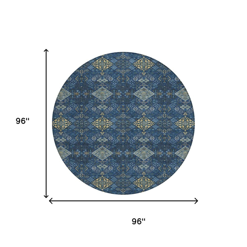 8' Navy Blue And Gold Round Geometric Washable Indoor Outdoor Area Rug HomeRoots