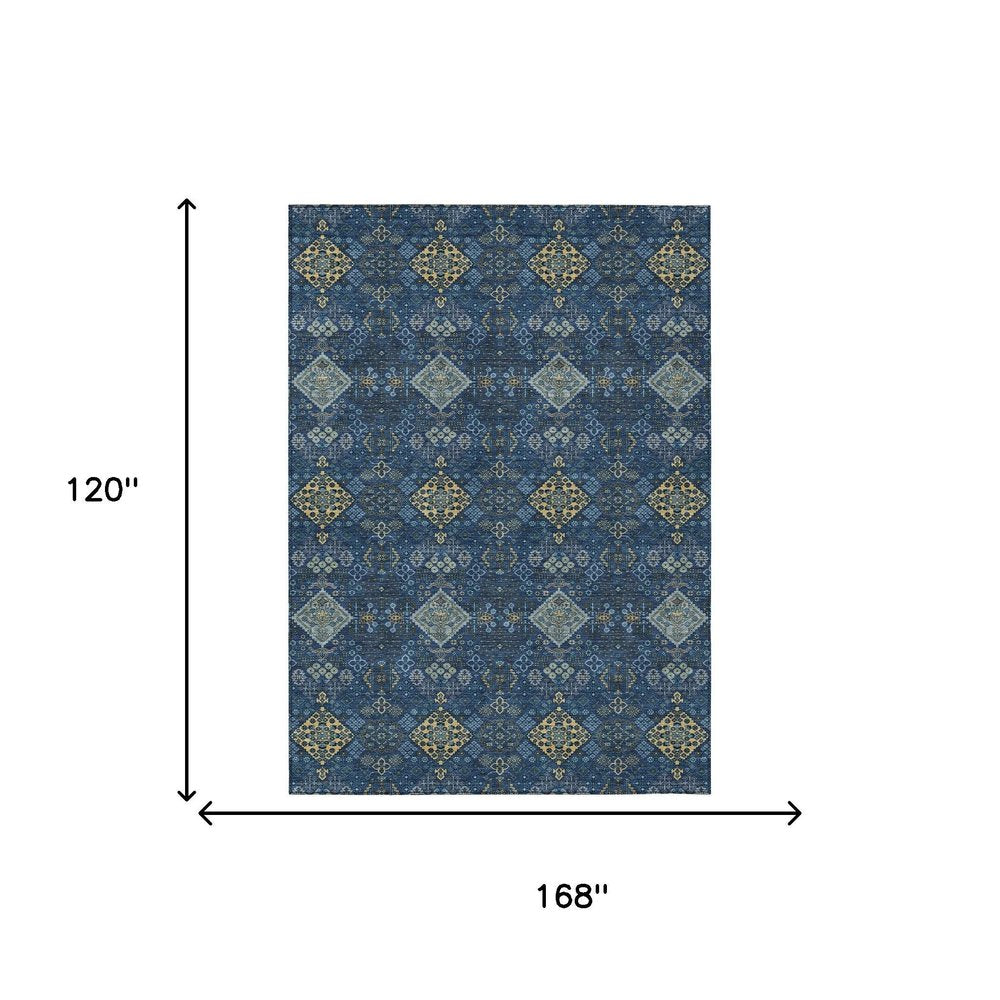 10' X 14' Navy Blue And Gold Geometric Washable Indoor Outdoor Area Rug HomeRoots