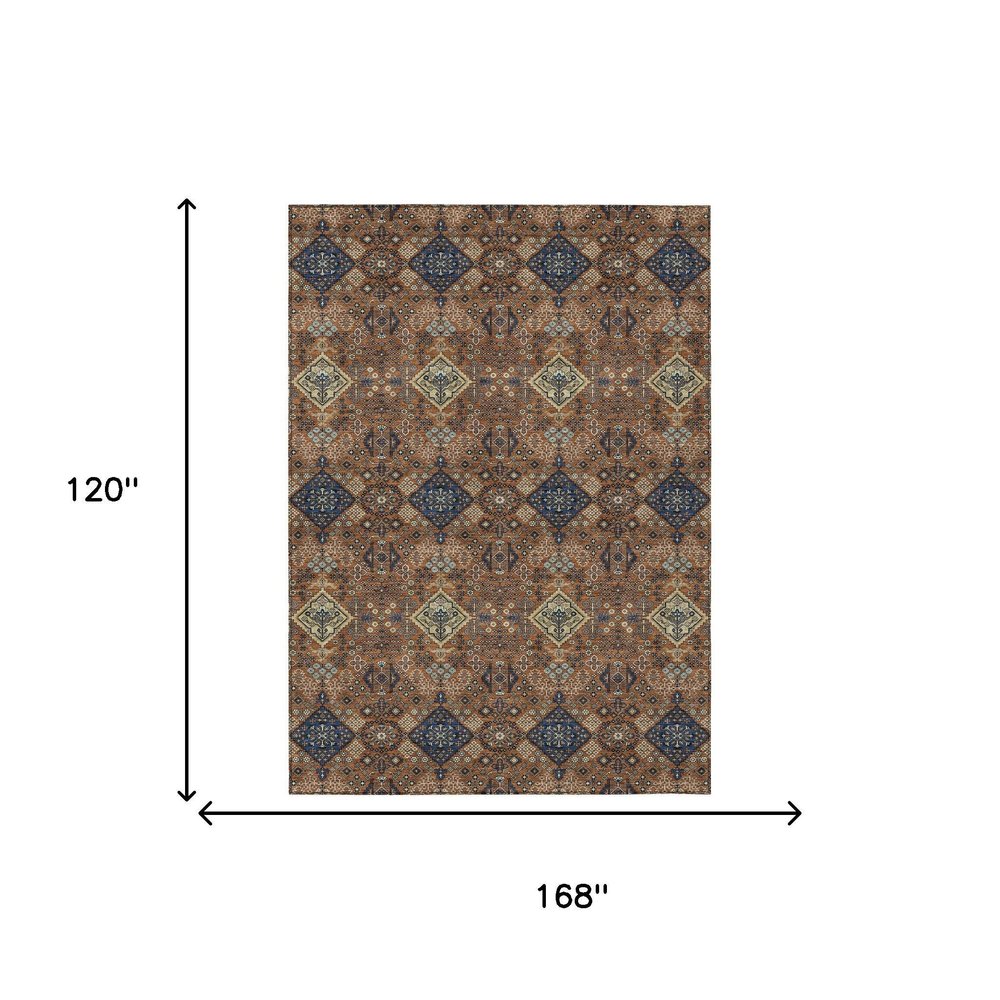 10' X 14' Orange And Navy Blue Geometric Washable Indoor Outdoor Area Rug HomeRoots