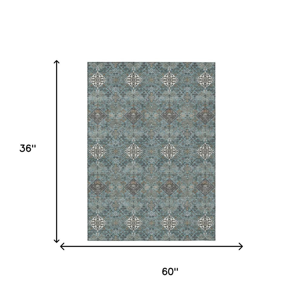 3' X 5' Teal Blue And Ivory Geometric Washable Indoor Outdoor Area Rug HomeRoots