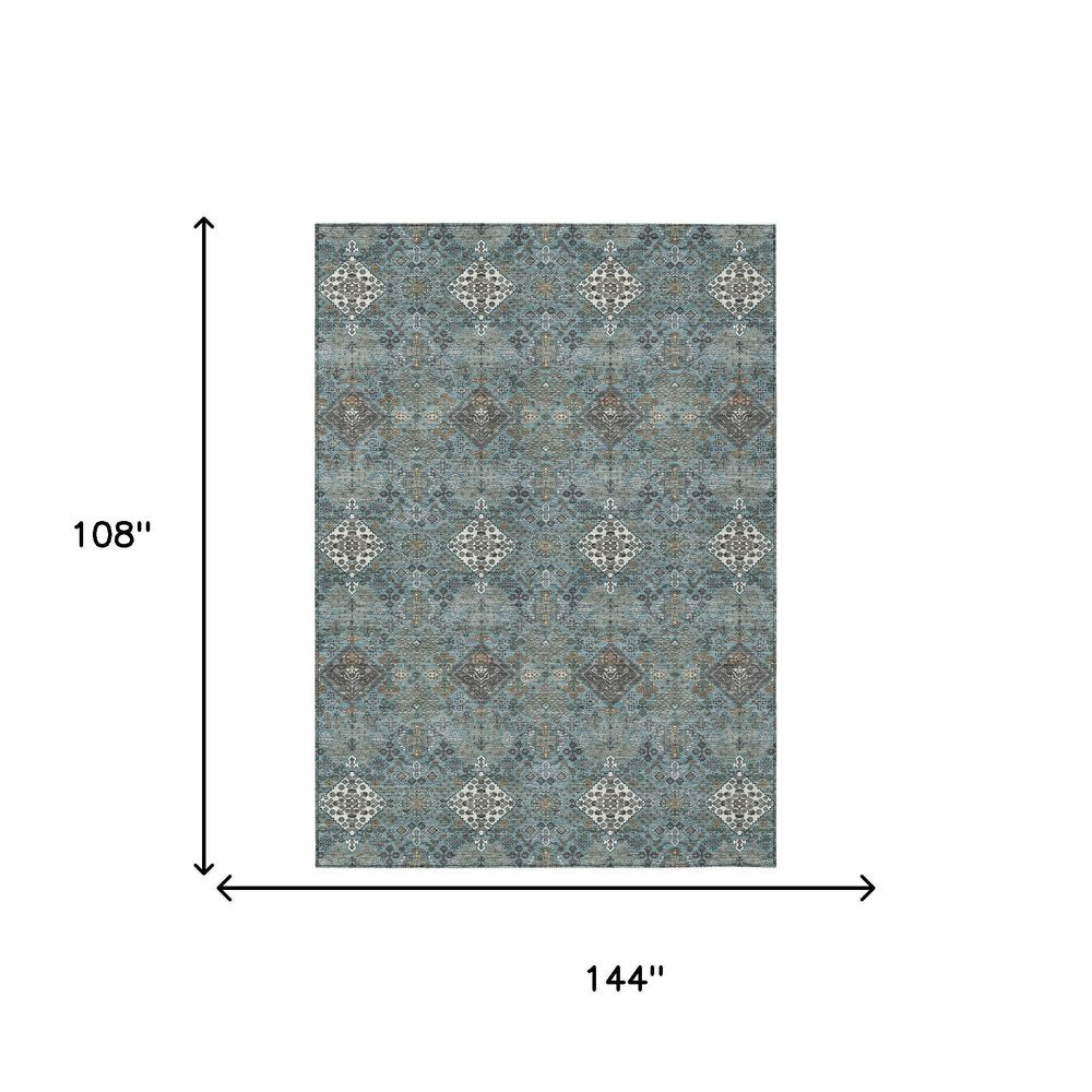 9' X 12' Teal Blue And Ivory Geometric Washable Indoor Outdoor Area Rug HomeRoots