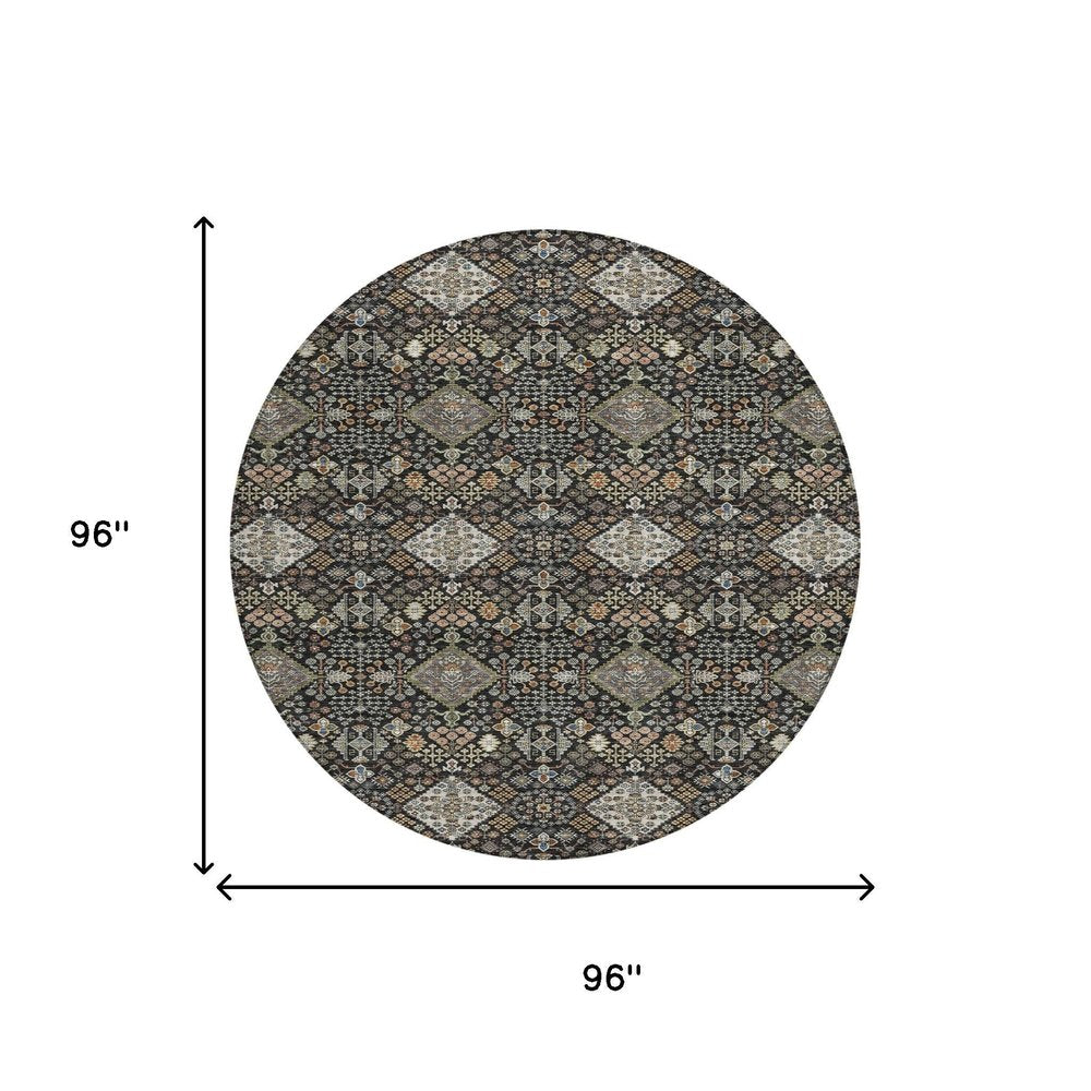 8' Black And Charcoal Round Geometric Washable Indoor Outdoor Area Rug HomeRoots