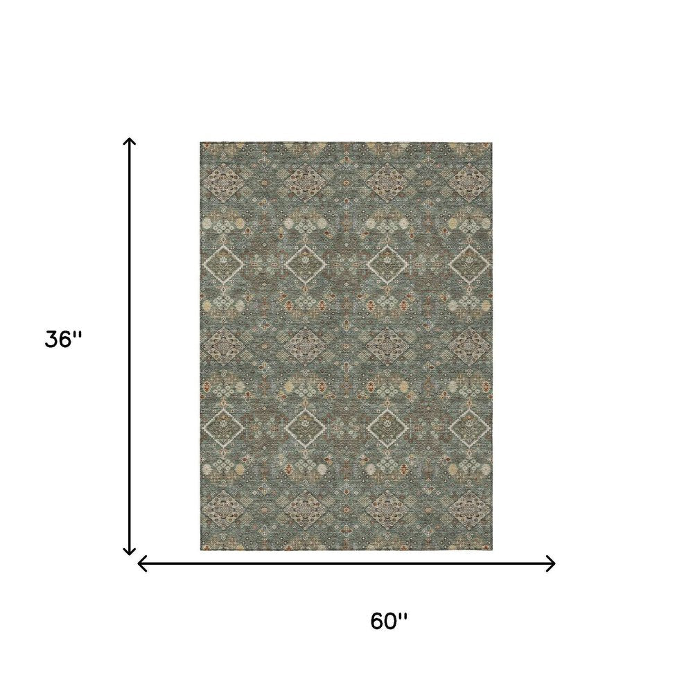 3' X 5' Green And Taupe Geometric Washable Indoor Outdoor Area Rug HomeRoots
