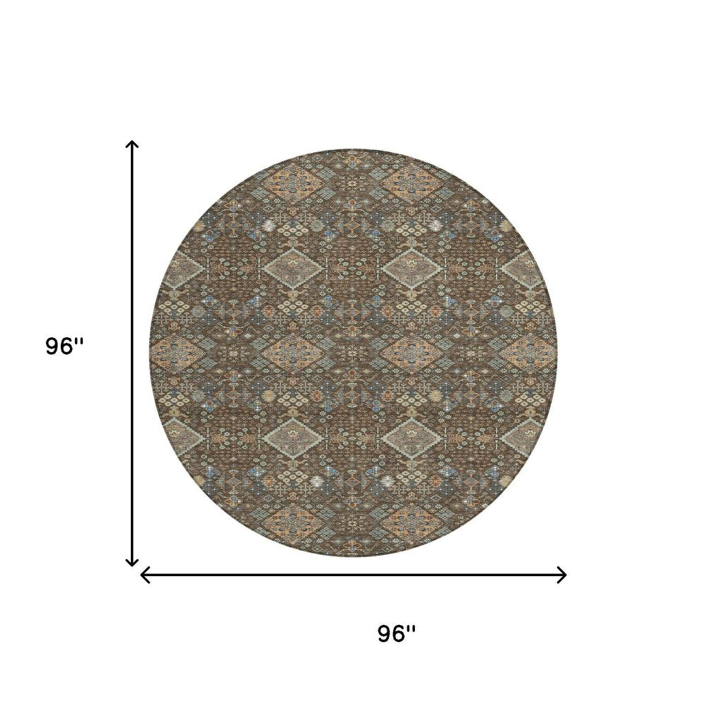 8' Chocolate And Brown Round Geometric Washable Indoor Outdoor Area Rug HomeRoots
