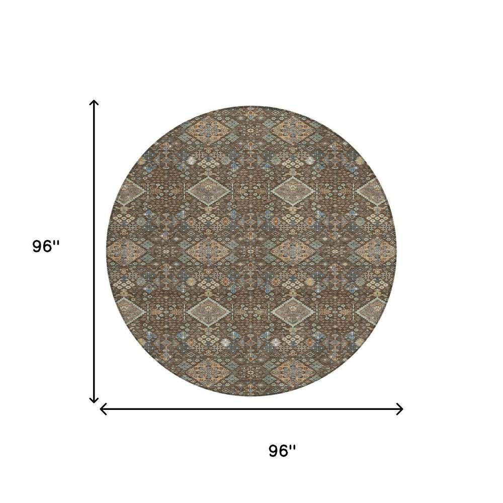 8' Chocolate And Brown Round Geometric Washable Indoor Outdoor Area Rug HomeRoots