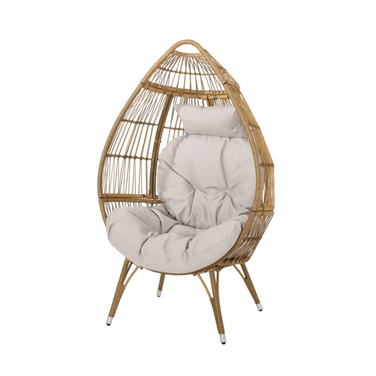 37" Beige Woven Faux Rattan Outdoor Egg Chair with Beige Cushion