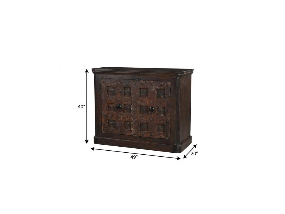 49" Dark Brown And Rust Distressed Solid Wood Carved Geometric Sideboard With Two Doors HomeRoots