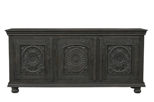 81" Black Distressed Solid Wood Carved Floral Sideboard With Three Doors