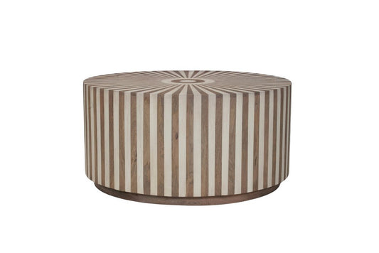 36" Dark Brown and Natural Solid Wood Round Drum Coffee Table