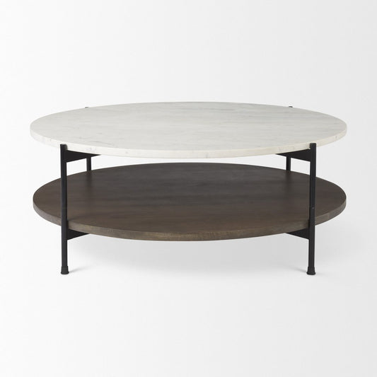 44" White Black and Brown Genuine Marble Iron and Solid Wood Round Coffee Table