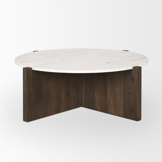48" Gray White and Dark Brown Genuine Marble and Solid Wood Round Trestle Coffee Table