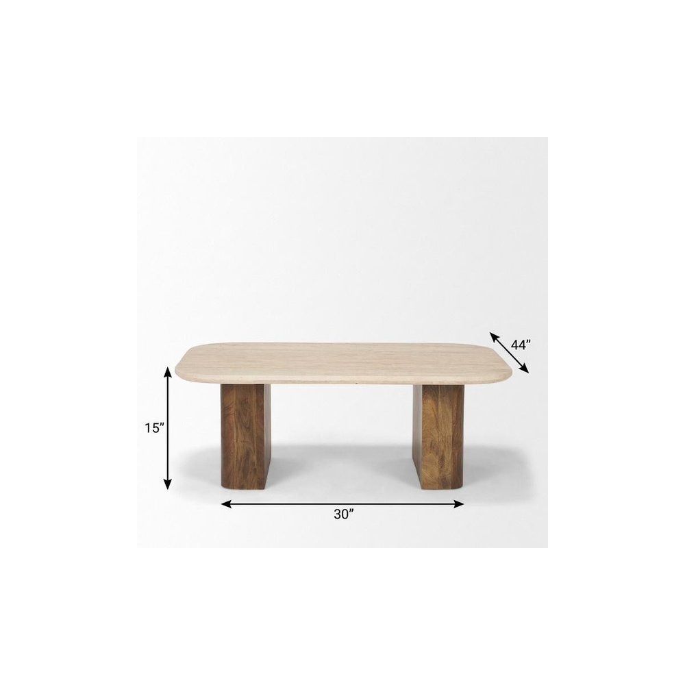 30" Beige and Brown Stone and Solid Wood Double Pedestal Coffee Table HomeRoots