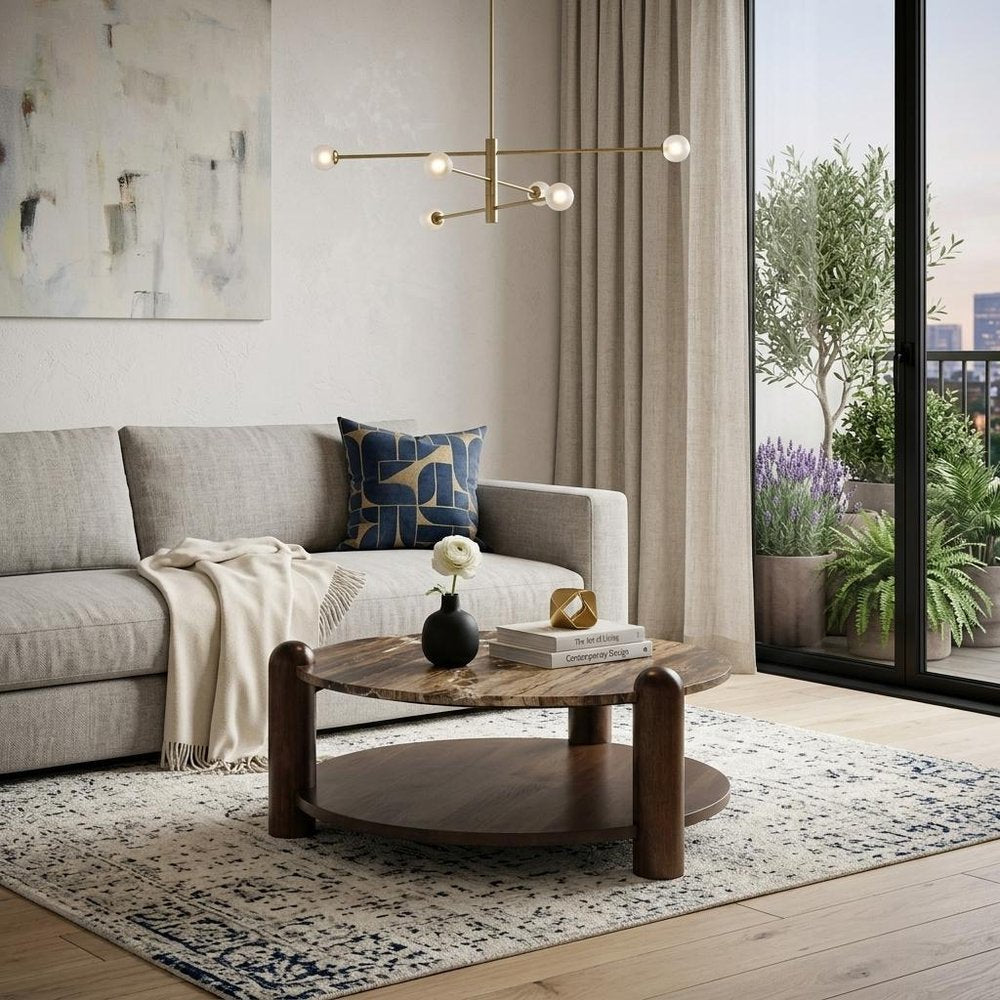 36" Cream Espresso Latte and Dark Brown Genuine Marble and Solid Wood Round Coffee Table