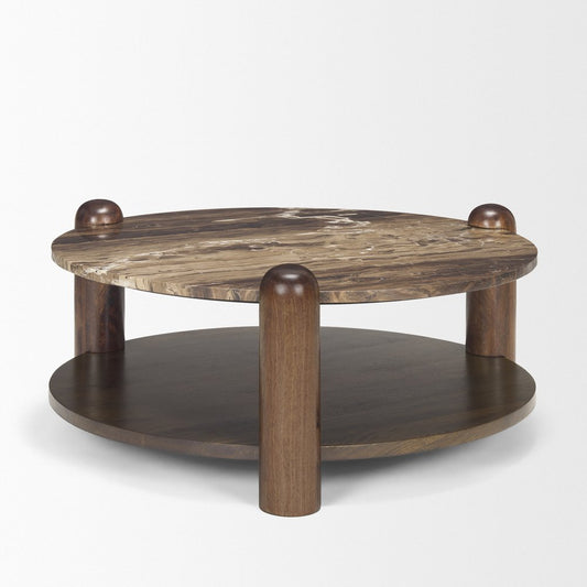 36" Cream Espresso Latte and Dark Brown Genuine Marble and Solid Wood Round Coffee Table