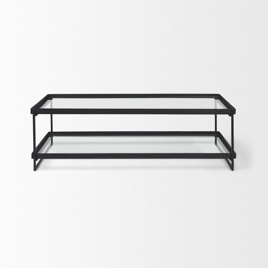 32" Clear and Black Mirrored Glass and Iron Sled Coffee Table With Two Shelves