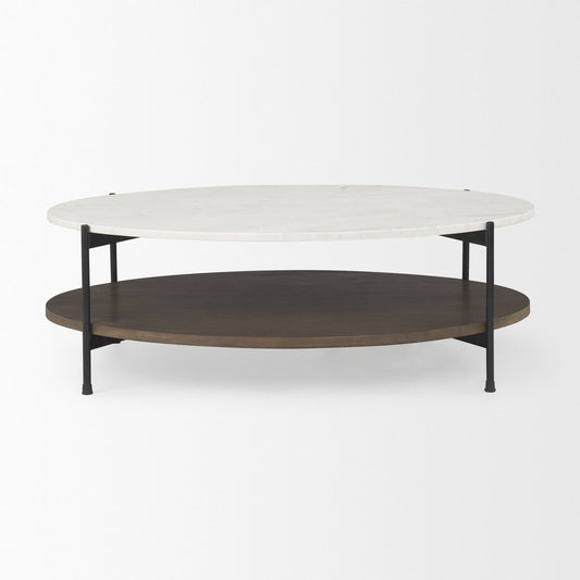 30" White Black and Brown Genuine Marble and Iron Oval Coffee Table
