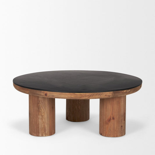 36" Black and Natural Wood and Reclaimed Wood Round Coffee Table