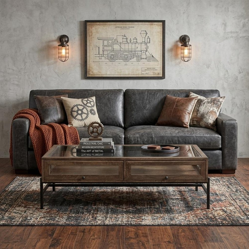 50" Brown Clear and Black Glass Solid Wood and Iron Coffee Table