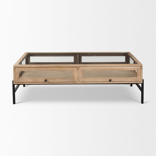 50" Clear and Black Glass Solid Wood and Iron Coffee Table