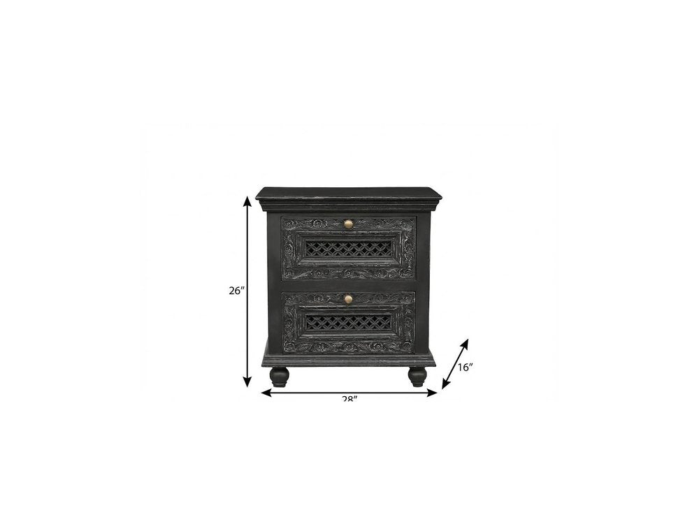 28" Black Solid Wood Square Distressed Carved Floral Two Drawer Nightstand HomeRoots