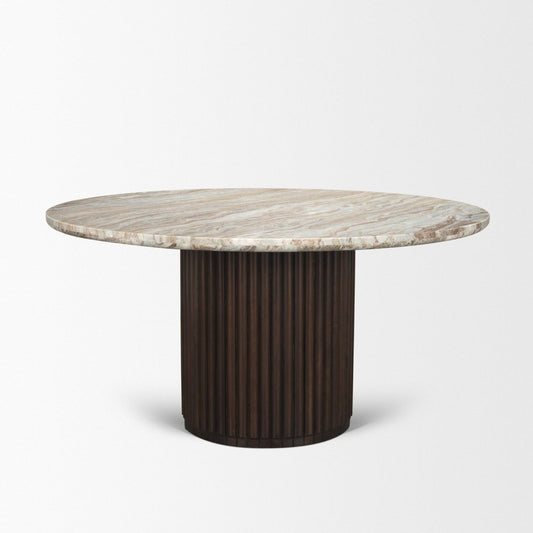 60" Gray Pastel Pink And Espresso Marble And Solid Wood Pedestal Base Round Top Dining Table
