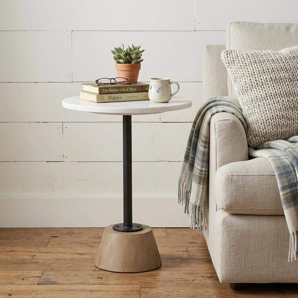 24" White Black and Natural Marble Iron and Solid Wood Round Pedestal End Table