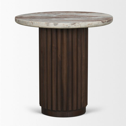 24" Pink and Espresso Marble and Solid Wood Round Pedestal End Table