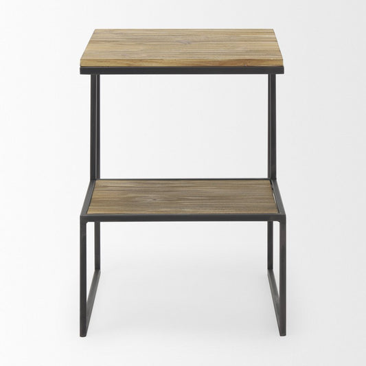 21" Light Brown and Black Solid Wood and Iron Square Sled End Table With Shelf