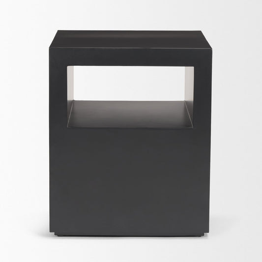22" Black Iron Square Block End Table With Two Shelves