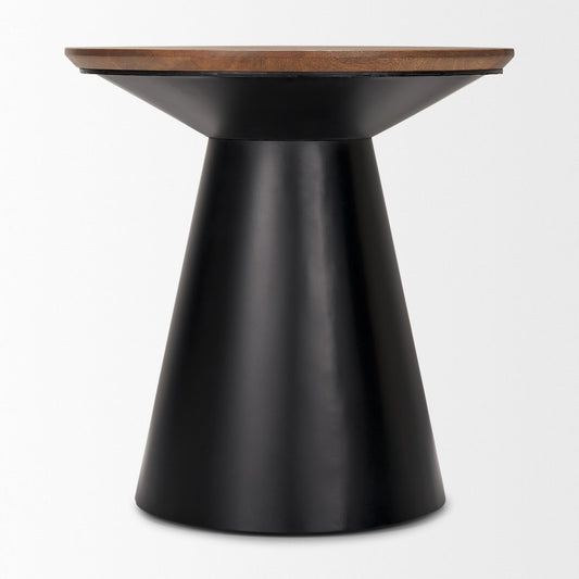 23" Brown and Black Solid Wood and Iron Round Pedestal End Table
