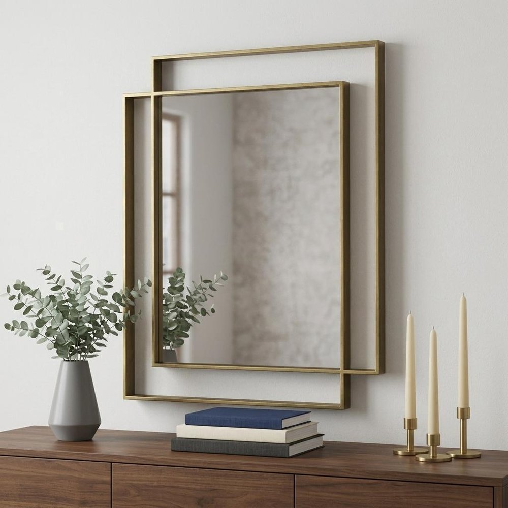 43" Gold Iron Double Geometric Framed Accent Mirror HomeRoots