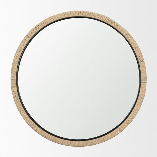42" Black And Natural Jute And Wood Round Framed Accent Mirror