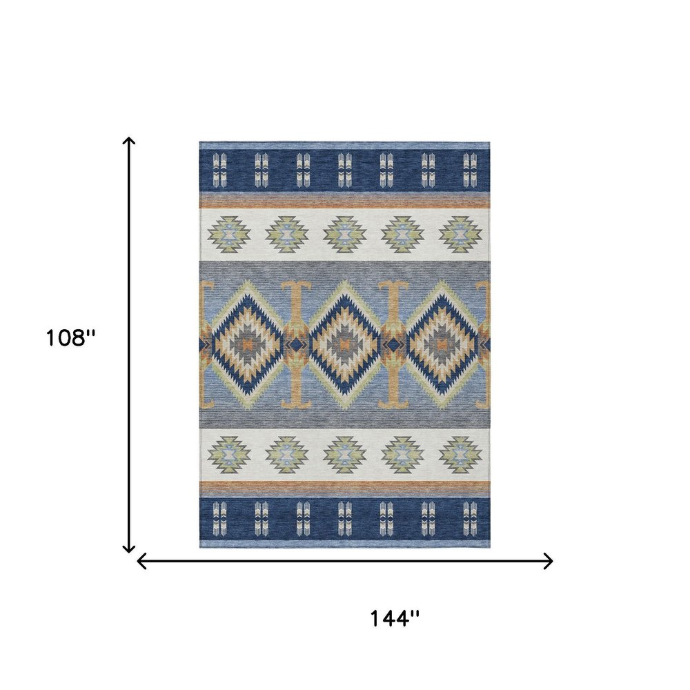 9' X 12' Navy Blue And Green Southwestern Washable Indoor Outdoor Area Rug HomeRoots