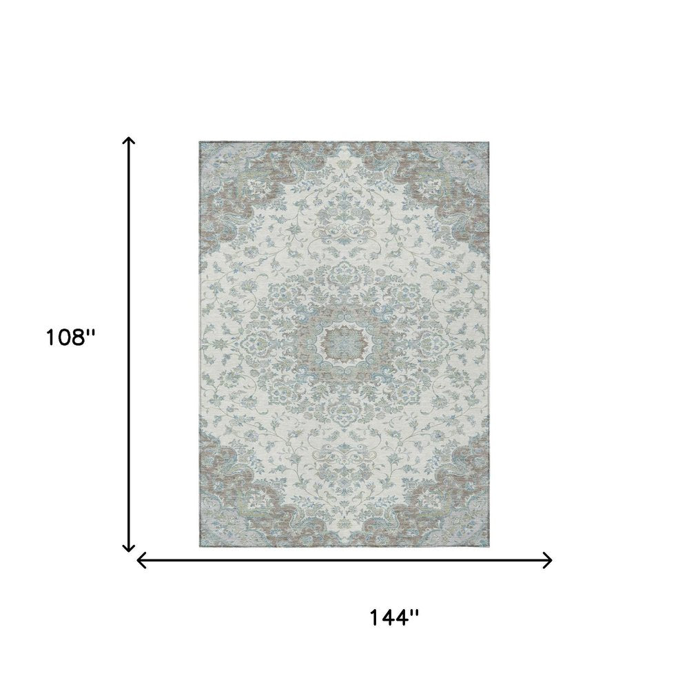 9' X 12' Ivory And Silver Floral Medallion Washable Indoor Outdoor Area Rug HomeRoots