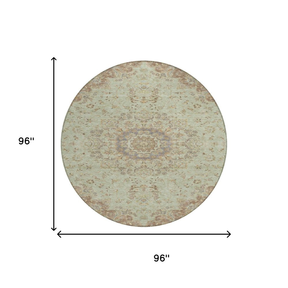 8' Sage And Brown Round Floral Medallion Washable Indoor Outdoor Area Rug HomeRoots