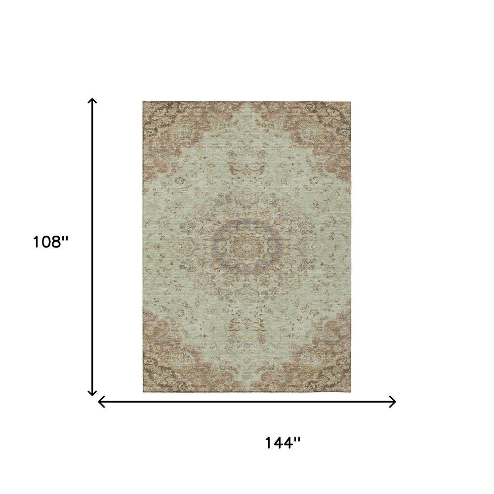 9' X 12' Sage And Brown Floral Medallion Washable Indoor Outdoor Area Rug HomeRoots