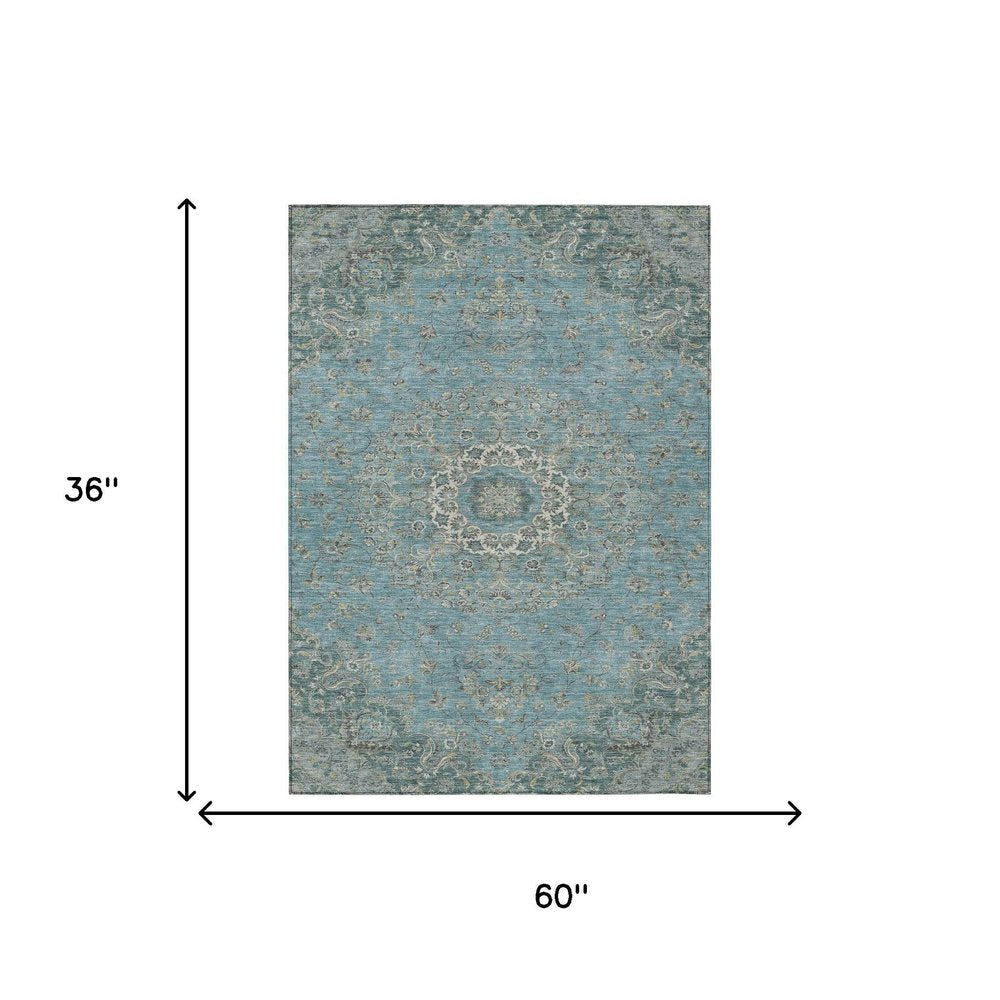 3' X 5' Teal Blue And Turquoise Floral Medallion Washable Indoor Outdoor Area Rug HomeRoots