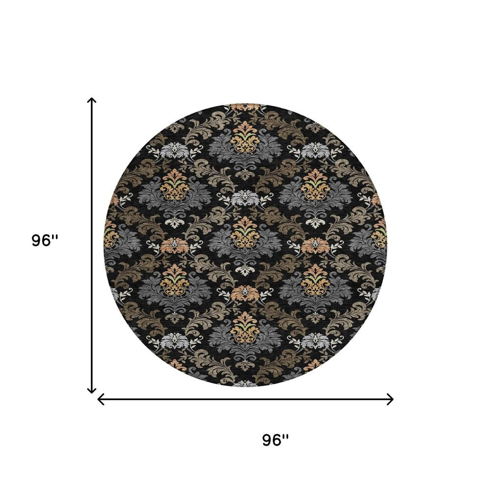 8' Black And Charcoal Round Damask Washable Indoor Outdoor Area Rug HomeRoots
