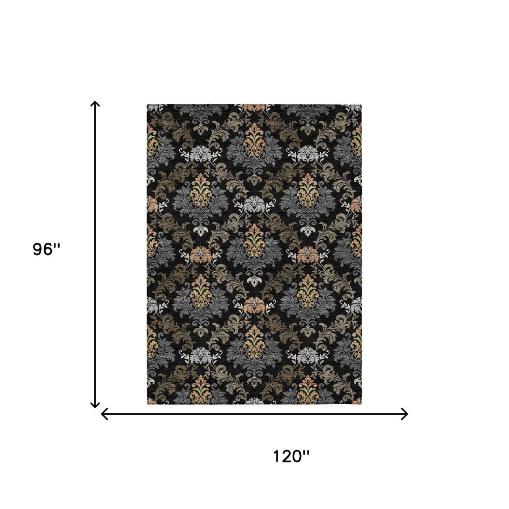 8' X 10' Black And Charcoal Damask Washable Indoor Outdoor Area Rug HomeRoots