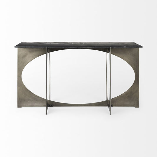 60" Black and Nickel Genuine Marble and Metal Frame Console Table