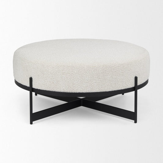 36" Cream and Black Fabric Round Pouf Ottoman