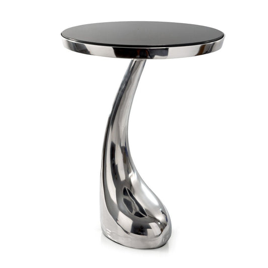 21" Silver And Black Aluminum And Granite Round Abstract End Table