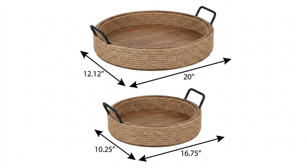 Set of Two Natural and Black Jute Metal And Solid Wood Oval Serving Trays With Handles HomeRoots
