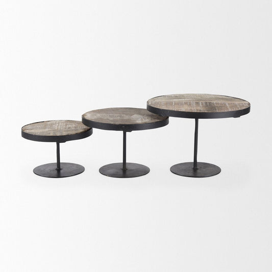 Set of Three Black And Light Brown Iron And Solid Wood Round Risers HomeRoots