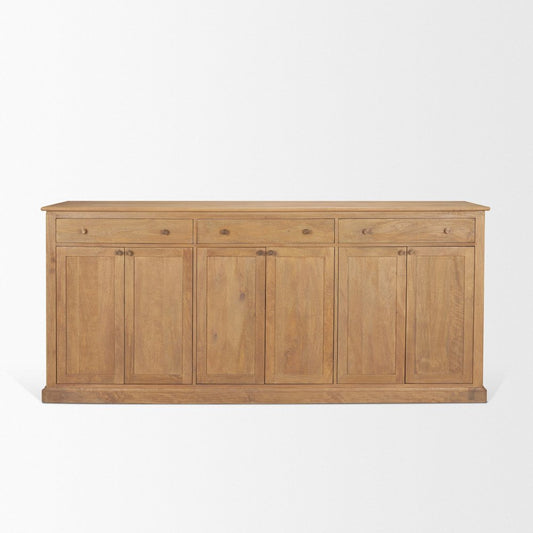 82" Light Brown Solid Wood Three Drawer Sideboard With Six Doors