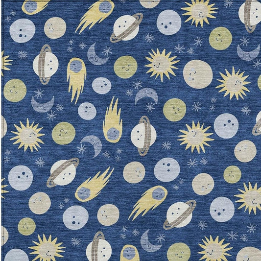 9' X 12' Navy Blue And Ivory Geometric Washable Indoor Outdoor Area Rug